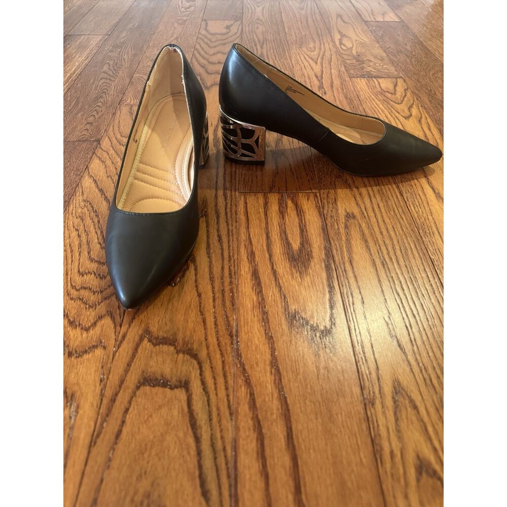Adrienne Vittadini Flori Metallic Heel Pumps Womens 7 Black Metallic Block Heel
